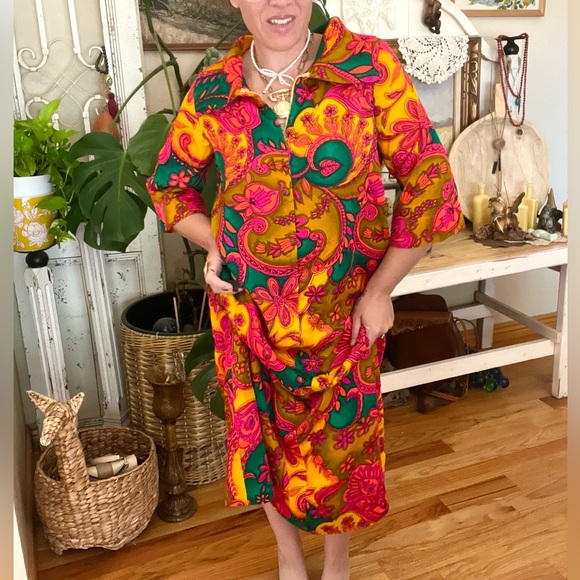 Vintage 1960’s 70’s Psychedelic Pool Deck Gown Zip Ip House Dress - Picture 3 of 9